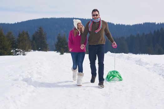 romantic winter  scene, happy young couple having fun on fresh show on winter vacatio, mountain nature landscape