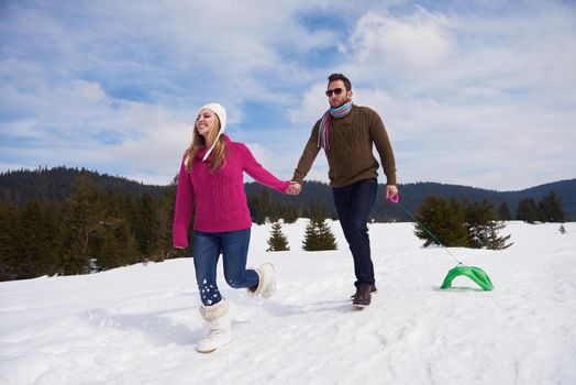 romantic winter  scene, happy young couple having fun on fresh show on winter vacatio, mountain nature landscape