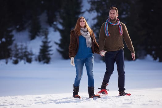 happy young  couple having fun and walking in snow shoes. Romantic winter relaxation scene