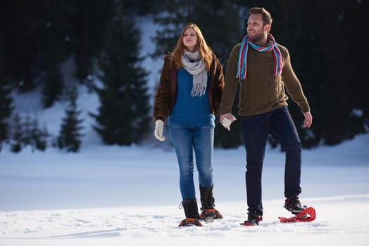 happy young  couple having fun and walking in snow shoes. Romantic winter relaxation scene