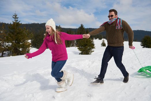 romantic winter  scene, happy young couple having fun on fresh show on winter vacatio, mountain nature landscape