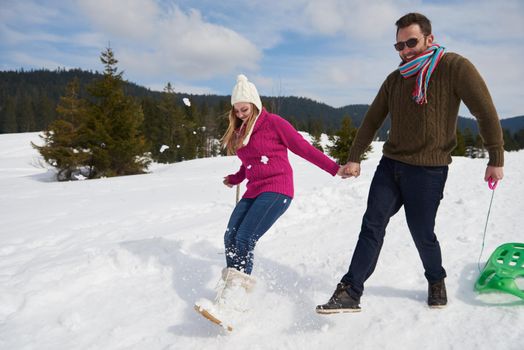 romantic winter  scene, happy young couple having fun on fresh show on winter vacatio, mountain nature landscape