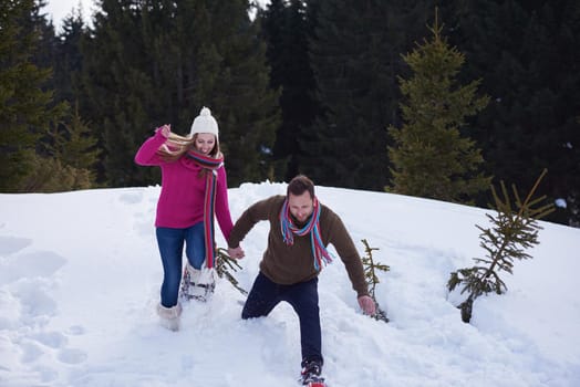 happy young  couple having fun and walking in snow shoes. Romantic winter relaxation scene