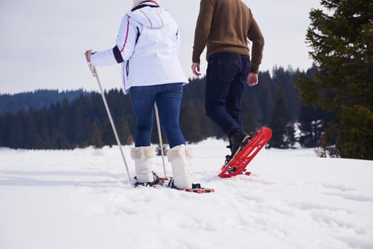 happy young  couple having fun and walking in snow shoes outdoor in nature at beautiful winter day. Health sport and relaxation