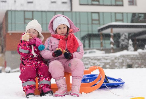 portrait of two cute little grils sitting together on sledges outdoors at snowy winter day, eating tasty cookies on break