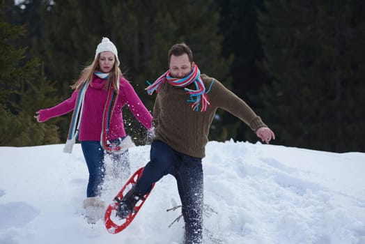 happy young  couple having fun and walking in snow shoes. Romantic winter relaxation scene