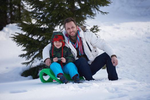 portrait of father and son on snow sitting on sled at beautiful sunny winter day