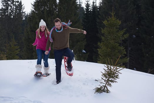 happy young  couple having fun and walking in snow shoes outdoor in nature at beautiful winter day. Health sport and relaxation