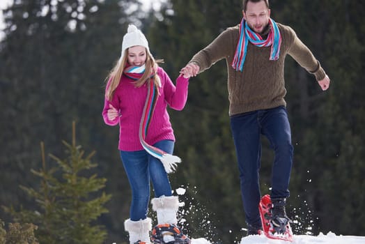 happy young  couple having fun and walking in snow shoes outdoor in nature at beautiful winter day. Health sport and relaxation