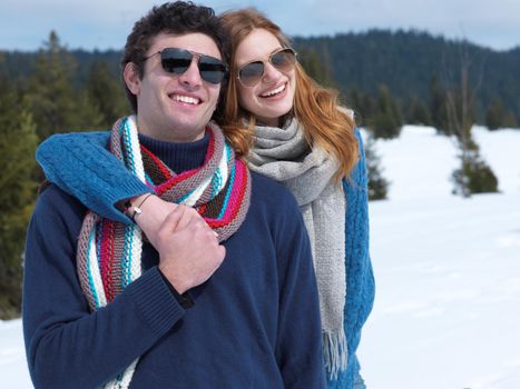 romantic winter  scene, happy young couple having fun on fresh show on winter vacatio, mountain nature landscape