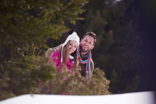 portrait of happy young romantic tourist  couple outdoor in nature at winter vacation