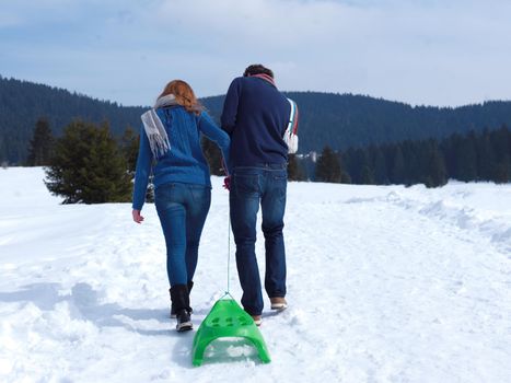 romantic winter  scene, happy young couple having fun on fresh show on winter vacatio, mountain nature landscape