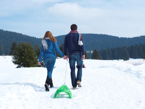 romantic winter  scene, happy young couple having fun on fresh show on winter vacatio, mountain nature landscape