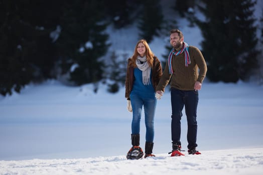 happy young  couple having fun and walking in snow shoes. Romantic winter relaxation scene