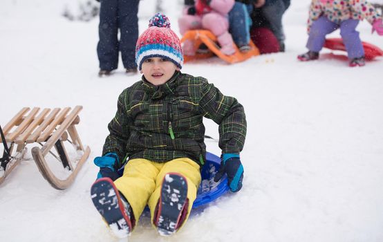 group of children having fun and play together in fresh snow on winter vacation