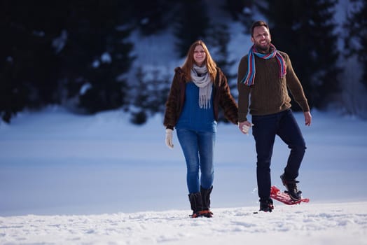 happy young  couple having fun and walking in snow shoes. Romantic winter relaxation scene