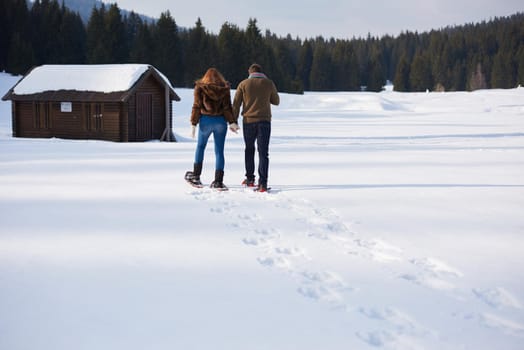 happy young  couple having fun and walking in snow shoes. Romantic winter relaxation scene