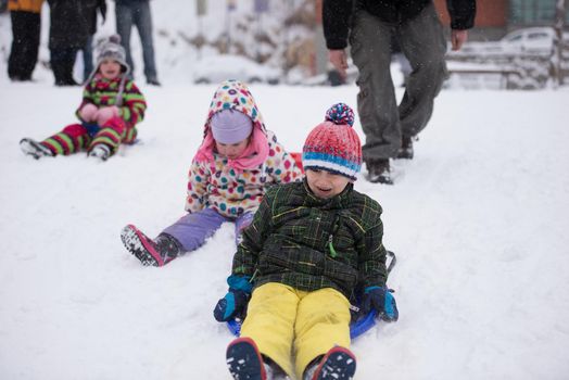 group of kids having fun and play together in fresh snow on winter vacation