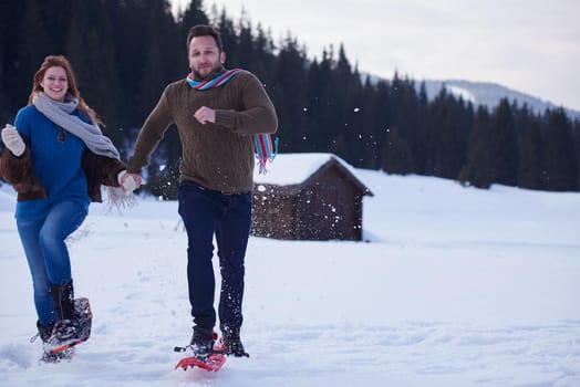 happy young  couple having fun and walking in snow shoes. Romantic winter relaxation scene