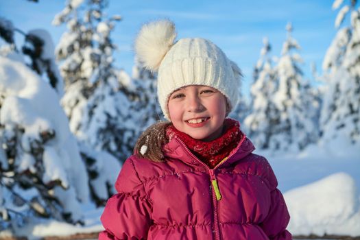 portrait of cute little girl   on beautiful winter day with fresh snow