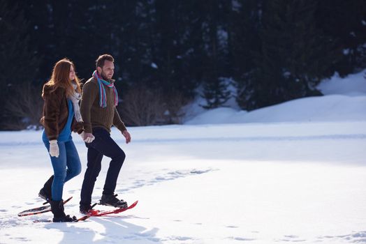 happy young  couple having fun and walking in snow shoes. Romantic winter relaxation scene