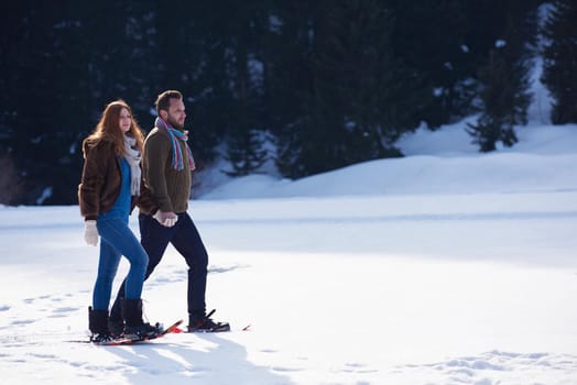 happy young  couple having fun and walking in snow shoes. Romantic winter relaxation scene