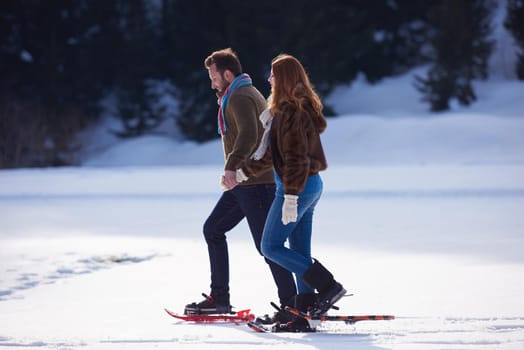 happy young  couple having fun and walking in snow shoes. Romantic winter relaxation scene