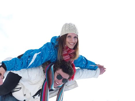 portrait of happy young romantic tourist  couple outdoor in nature at winter vacation