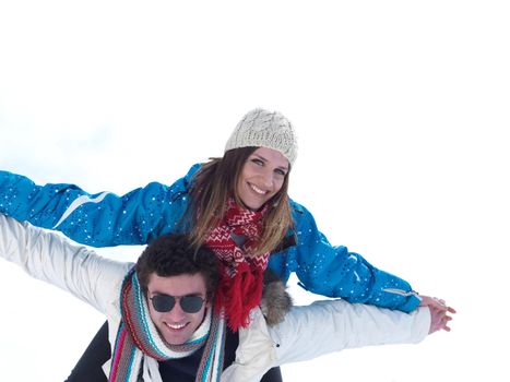 portrait of happy young romantic tourist  couple outdoor in nature at winter vacation