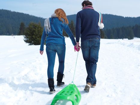 romantic winter  scene, happy young couple having fun on fresh show on winter vacatio, mountain nature landscape