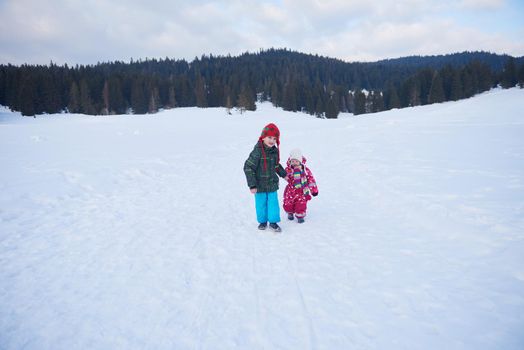 kids walking on snow at winter vacation in forest. happy children group have fun outdoor