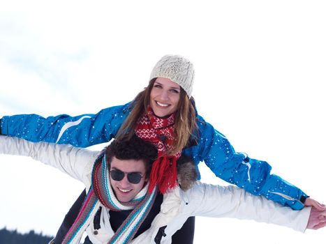 portrait of happy young romantic tourist  couple outdoor in nature at winter vacation