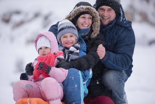 happy young family portrait on winter vacation while sitting sledge at  landscape with fresh falling snow