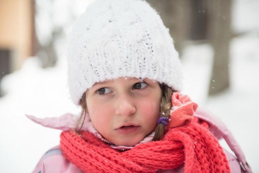 portrait of happy smiling little girl child outdoors having fun and playing on snowy winter day