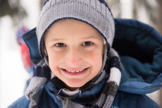 portrait of happy smiling little boy child outdoors having fun and playing on snowy winter day