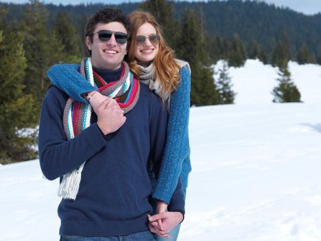 romantic winter  scene, happy young couple having fun on fresh show on winter vacatio, mountain nature landscape