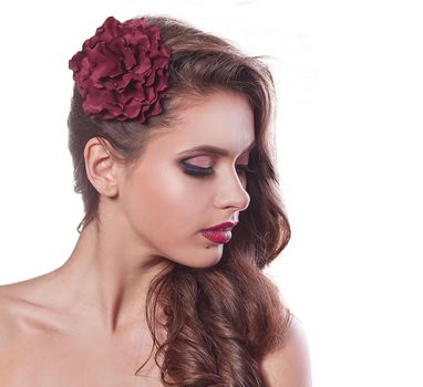 stylish young woman with bright evening make-up . isolated on black background