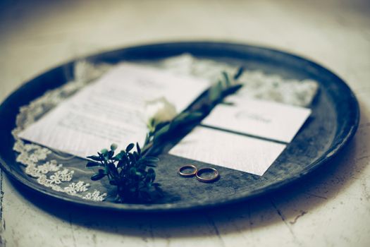 close up.wedding rings on a silver tray. holidays and events