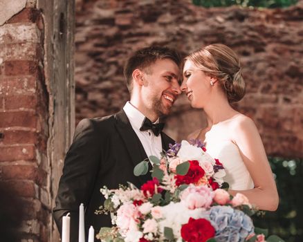 bride and groom standing at the Banquet table. romantic dinner