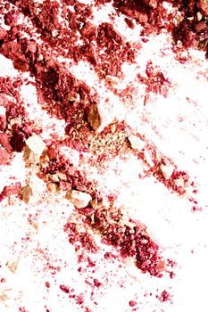 Powder cosmetics, mineral organic eyeshadow, blush or crushed cosmetic product isolated on white background, makeup and beauty banner, flatlay design.