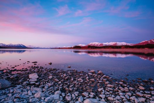 Majestic Lake Tekapo at sunset on a cool spring evening in New Zealand
