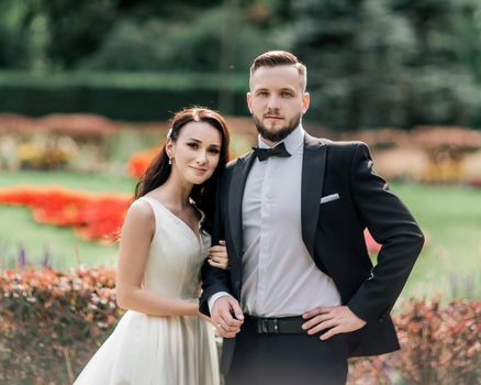 portrait of happy bride and groom on their wedding day. photo with copy space