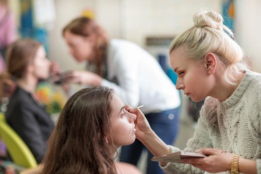 professional makeup artist does make-up for a client in a beauty salon. the concept of lifestyle