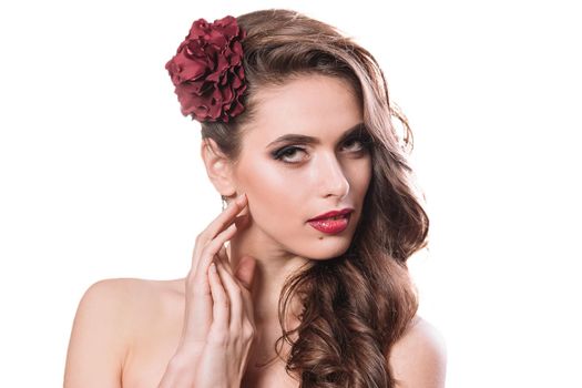 stylish young woman with bright evening make-up . isolated on black background