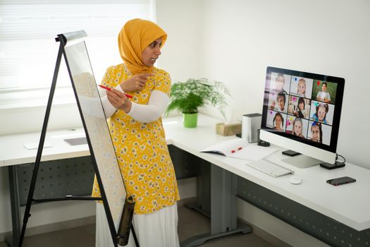 Arabic female teacher working with children online school during pandemic