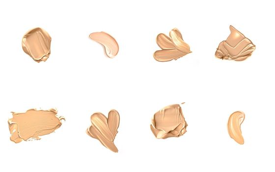 Beige beauty cosmetic texture isolated on white background, smudged makeup emulsion cream smear or foundation smudge, crushed cosmetics product and paint strokes.