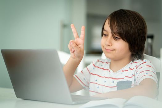 Child using laptop at home indoors. high quality photo