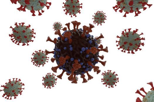 3D render of a new strain of coronavirus. Omicron variant of COVID. New strain of coronavirus B.1.1.529 found in Africa and around the world.