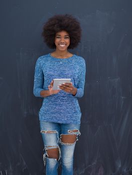 Young Happy African American Woman Using Digital Tablet  Isolated on a gray background