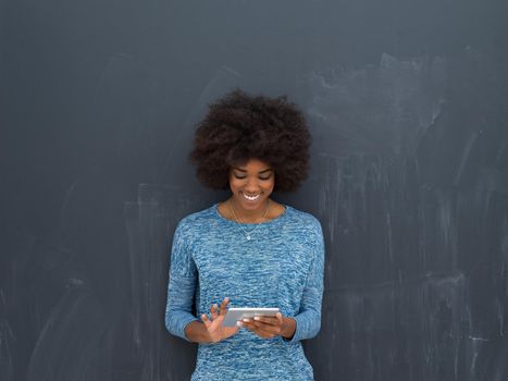 Young Happy African American Woman Using Digital Tablet  Isolated on a gray background